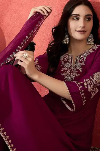 women floral embroidered a-line kurta with trousers & dupatta