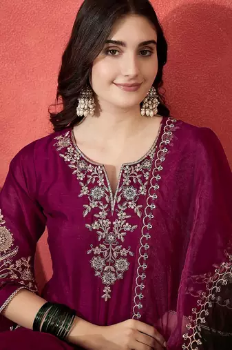 women floral embroidered a-line kurta with trousers & dupatta