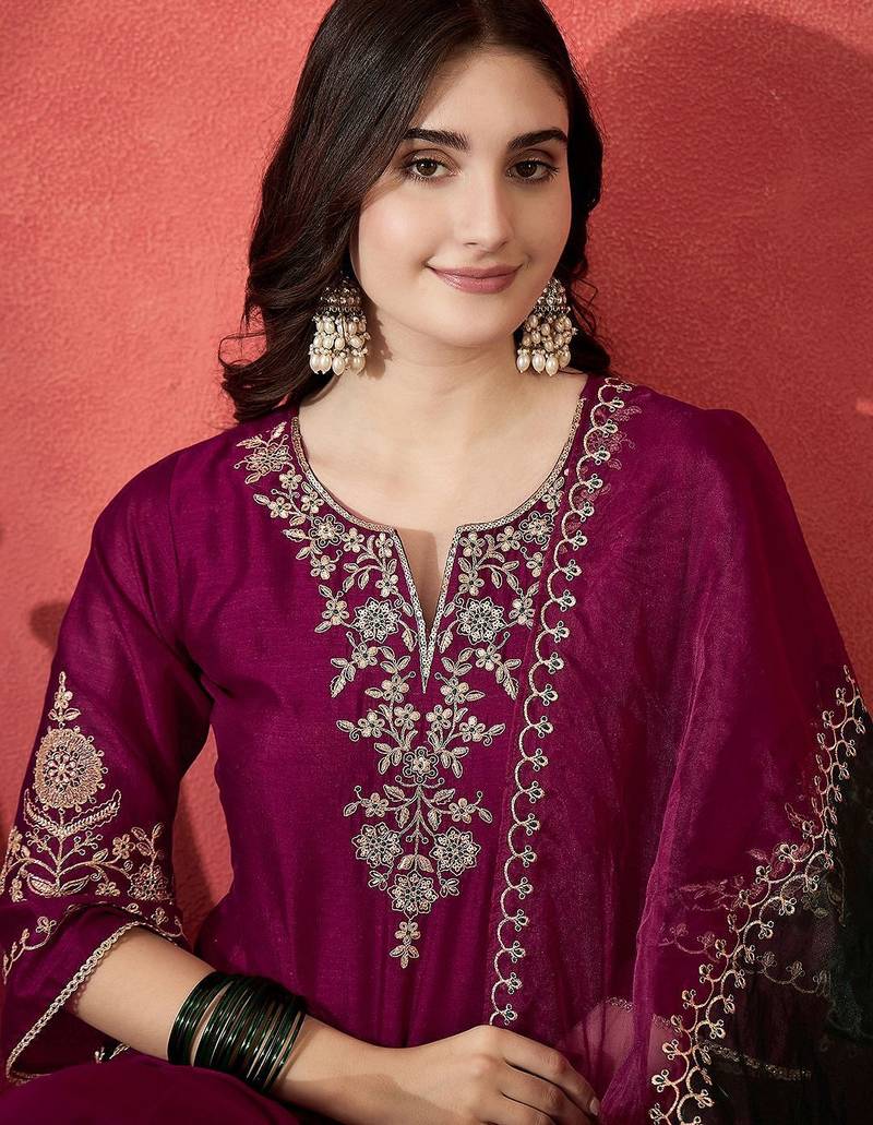 women floral embroidered a-line kurta with trousers & dupatta