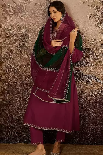 zari sequence thread embroidered a-line kurta & trousers with dupatta