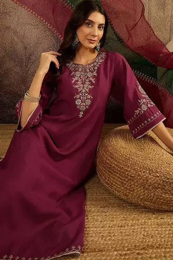 zari sequence thread embroidered a-line kurta & trousers with dupatta