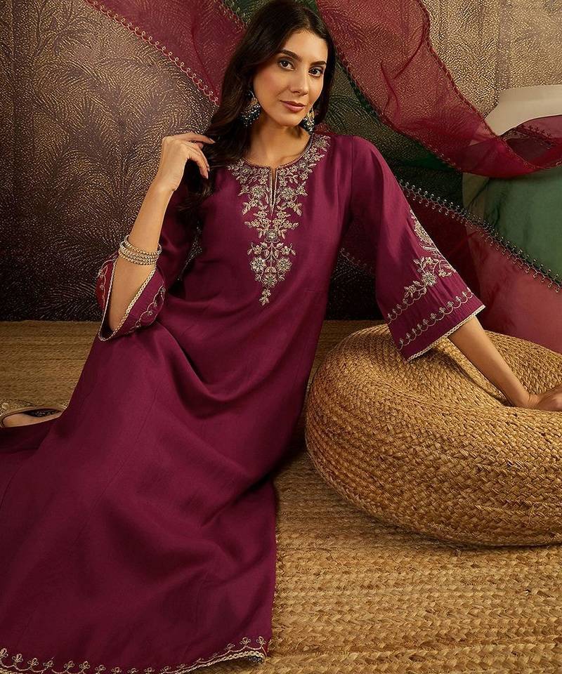 zari sequence thread embroidered a-line kurta & trousers with dupatta