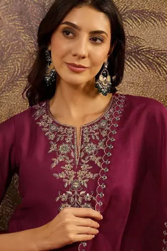 zari sequence thread embroidered a-line kurta & trousers with dupatta