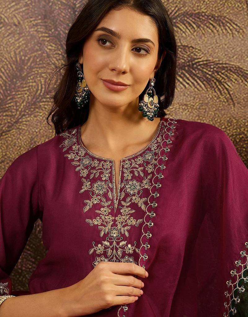 zari sequence thread embroidered a-line kurta & trousers with dupatta