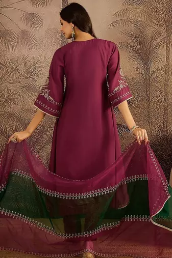 zari sequence thread embroidered a-line kurta & trousers with dupatta