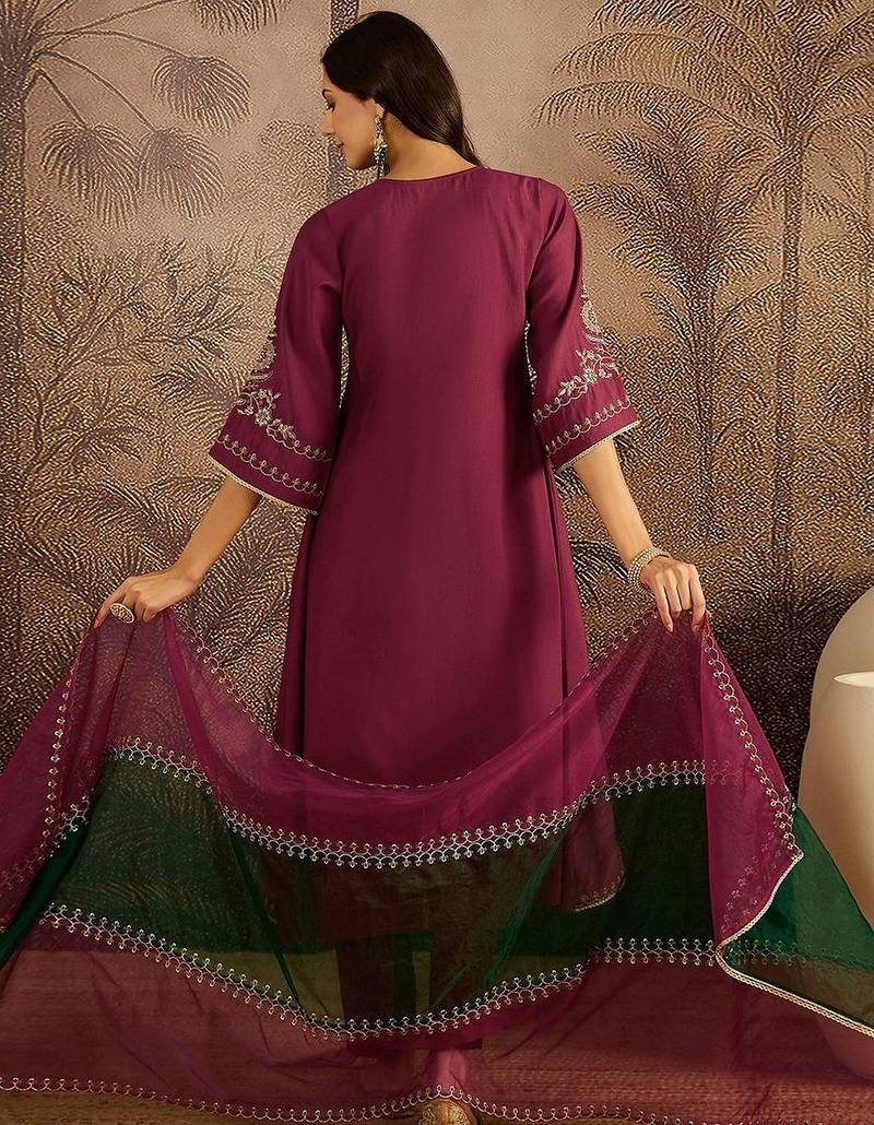 zari sequence thread embroidered a-line kurta & trousers with dupatta