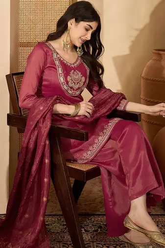 women silk blend embroidered kurta sets with dupatta