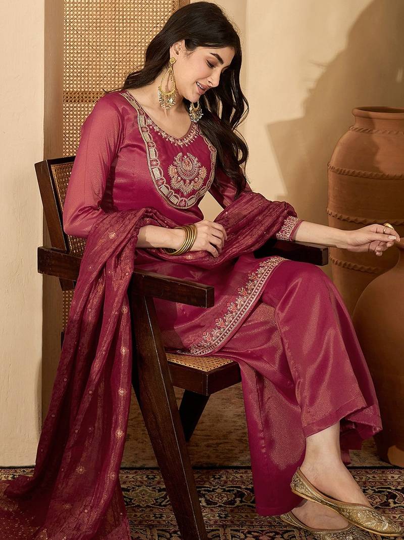 women silk blend embroidered kurta sets with dupatta