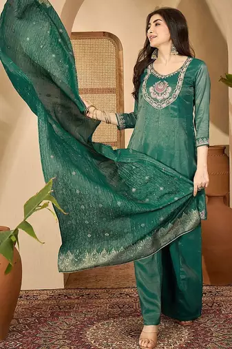 women silk blend embroidered kurta sets with dupatta