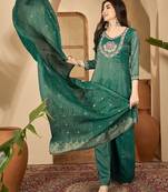 women silk blend embroidered kurta sets with dupatta