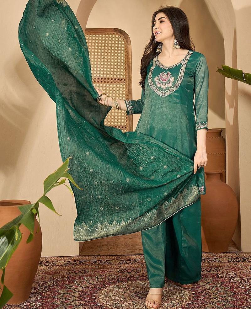 women silk blend embroidered kurta sets with dupatta
