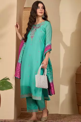 women ethnic motifs embroidered regular thread work kurta with trousers & with dupatta