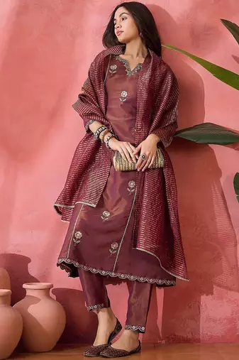floral embroidered panelled notch neck a-line kurta with trouser and dupatta