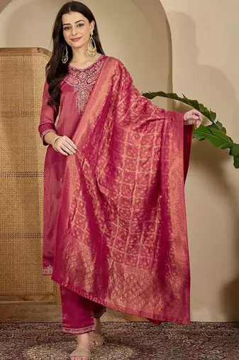 women ethnic motifs embroidered regular thread work kurta with trousers & with dupatta