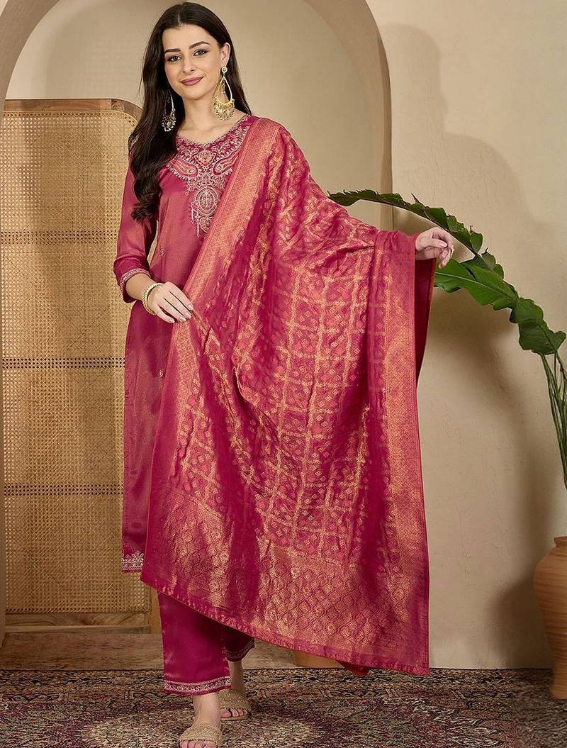 women ethnic motifs embroidered regular thread work kurta with trousers & with dupatta