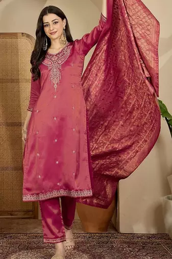 women ethnic motifs embroidered regular thread work kurta with trousers & with dupatta