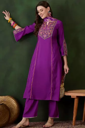 purple floral embroidered mirror work  a-line kurta with trouser and dupatta