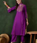 purple floral embroidered mirror work  a-line kurta with trouser and dupatta