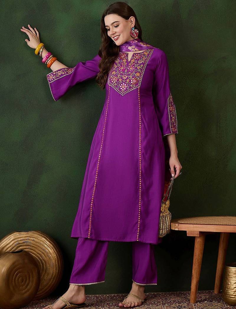 purple floral embroidered mirror work  a-line kurta with trouser and dupatta