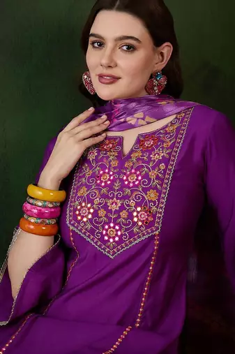 purple floral embroidered mirror work  a-line kurta with trouser and dupatta
