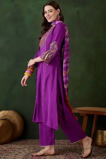 purple floral embroidered mirror work  a-line kurta with trouser and dupatta