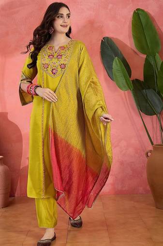 floral yoke design mirror work straight kurta with trousers & dupatta