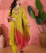 floral yoke design mirror work straight kurta with trousers & dupatta