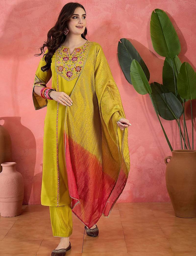 floral yoke design mirror work straight kurta with trousers & dupatta