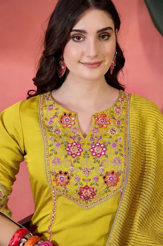 floral yoke design mirror work straight kurta with trousers & dupatta