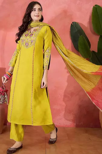 floral yoke design mirror work straight kurta with trousers & dupatta