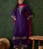 purple floral embroidered thread work straight kurta with trouser and dupatta