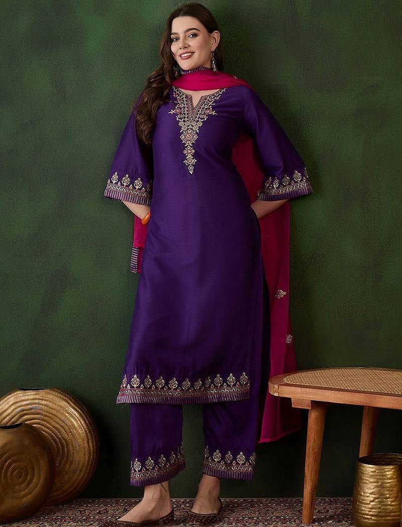 purple floral embroidered thread work straight kurta with trouser and dupatta