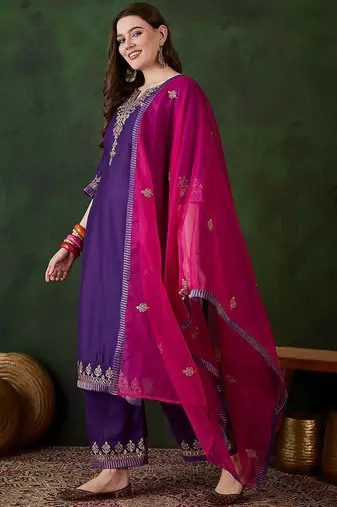 purple floral embroidered thread work straight kurta with trouser and dupatta