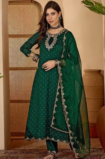 women ethnic motifs embroidered anarkali kurta with trouser & dupatta