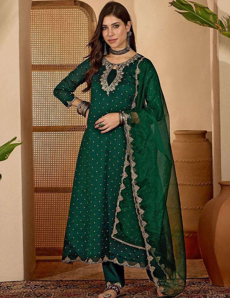 women ethnic motifs embroidered anarkali kurta with trouser & dupatta
