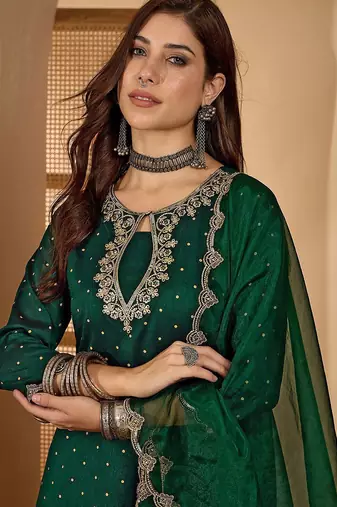 women ethnic motifs embroidered anarkali kurta with trouser & dupatta
