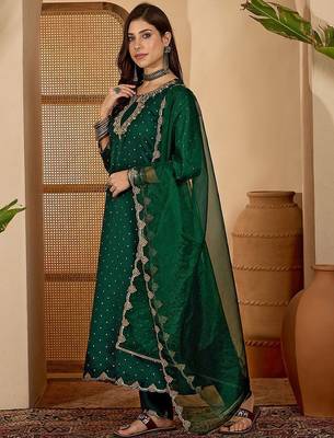 women ethnic motifs embroidered anarkali kurta with trouser & dupatta 5