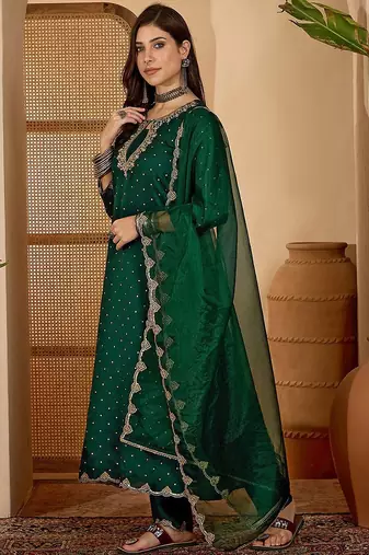 women ethnic motifs embroidered anarkali kurta with trouser & dupatta