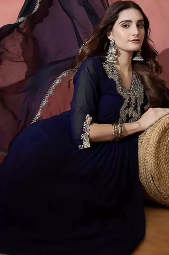 floral yoke design pleated sequinned a-line kurta with trouser & dupatta