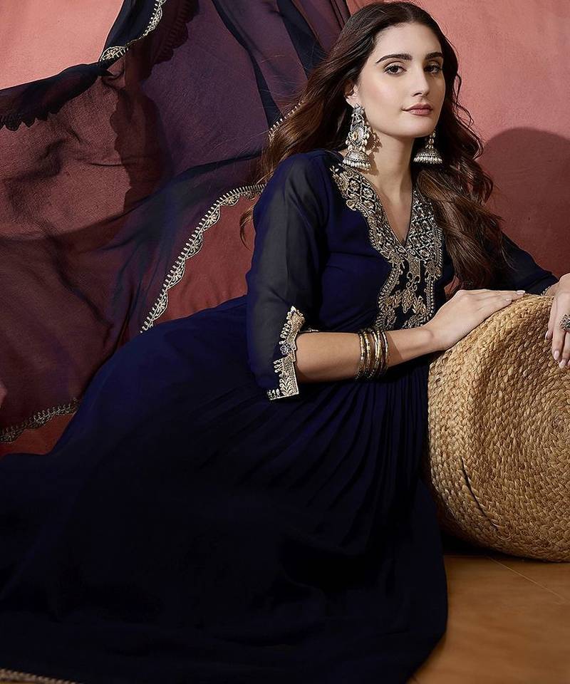 floral yoke design pleated sequinned a-line kurta with trouser & dupatta