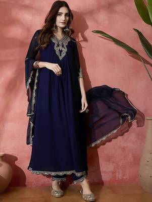 floral yoke design pleated sequinned a-line kurta with trouser & dupatta 2