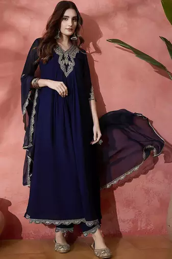 floral yoke design pleated sequinned a-line kurta with trouser & dupatta
