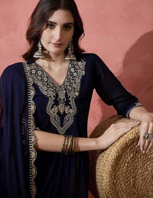 floral yoke design pleated sequinned a-line kurta with trouser & dupatta 3