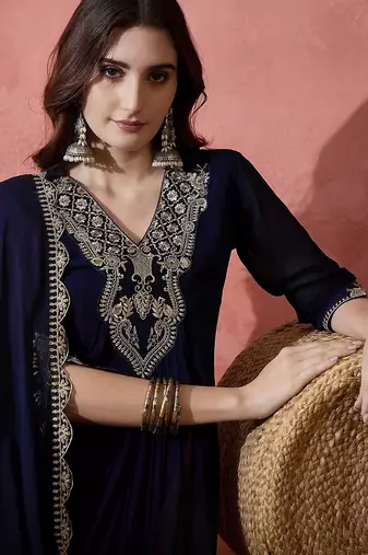 floral yoke design pleated sequinned a-line kurta with trouser & dupatta