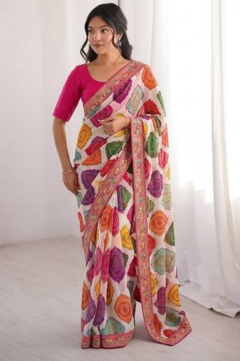 Multi white clr rajwadi bandhej print saree with solid blouse 