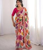 Multi white clr rajwadi bandhej print saree with solid blouse 