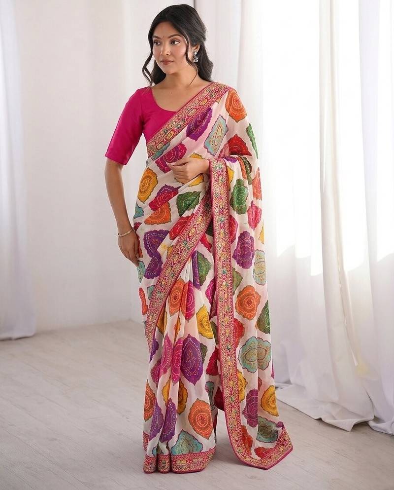 Multi white clr rajwadi bandhej print saree with solid blouse 