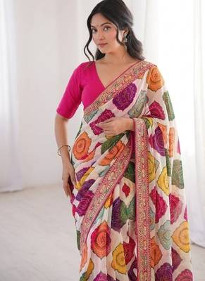 Multi white clr rajwadi bandhej print saree with solid blouse  2