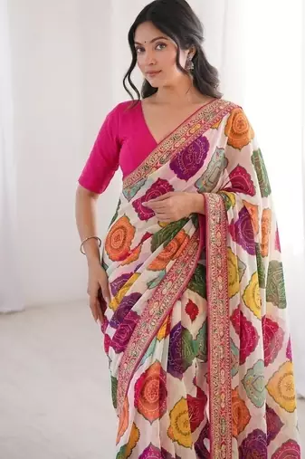 Multi white clr rajwadi bandhej print saree with solid blouse 