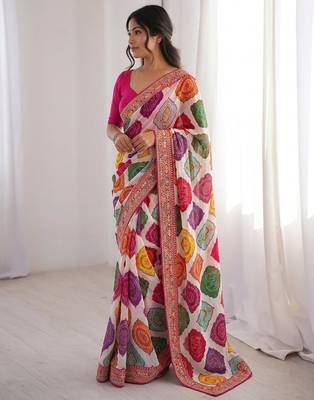 Multi white clr rajwadi bandhej print saree with solid blouse  3